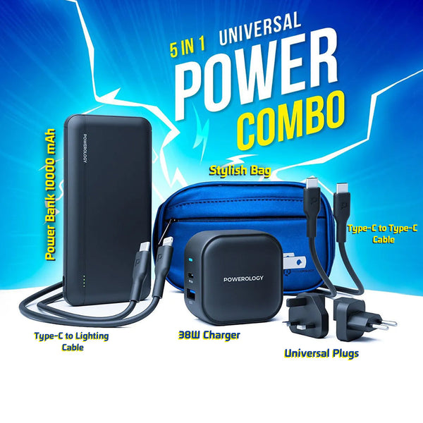 Powerology 5 in 1 Universal Power Combo 10000mAh PD Power Bank & 38W Charger World Travel Kit & Fast Charging PVC Cable