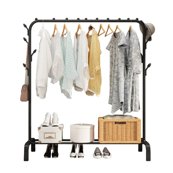 Metal Clothes Rack with 2 Storage Shelves with  Hooks and  Side Hangers