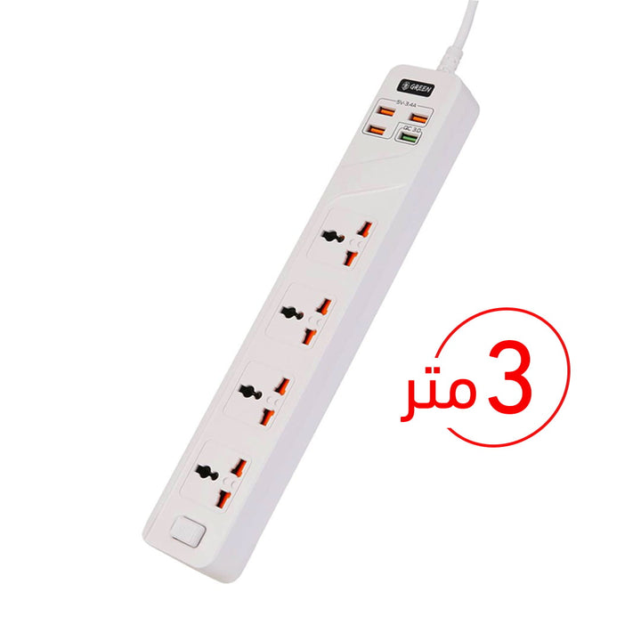 Green 4 AC 4 USB 3.4A QC3.0 Multiport Smart Power Socket 3000W 3M