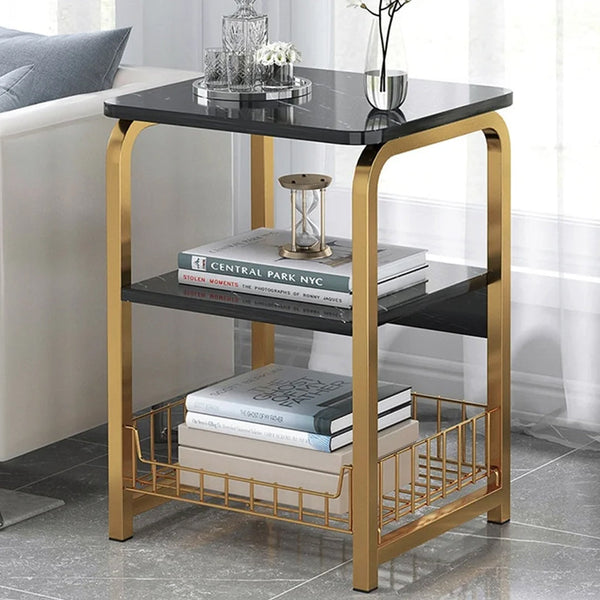 Modern Side Table with Two Shelves and Basket with a Sturdy Metal Frame and a Stable Base
