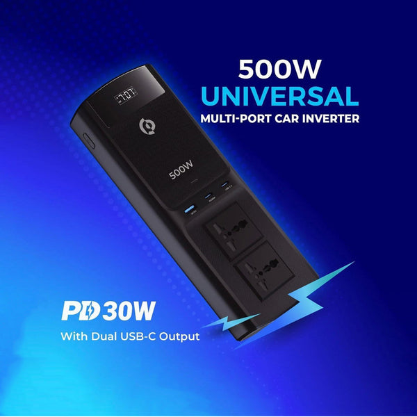 Powerology 500W Universal MultiPort Car Inverter with 30W Dual USB-C PD & QC3 USB-A Output 