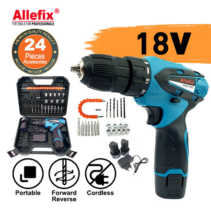 ALLEFIX 18V CORDLESS DRILL 2 SPEED AND TORQUE GRIP 24PCS