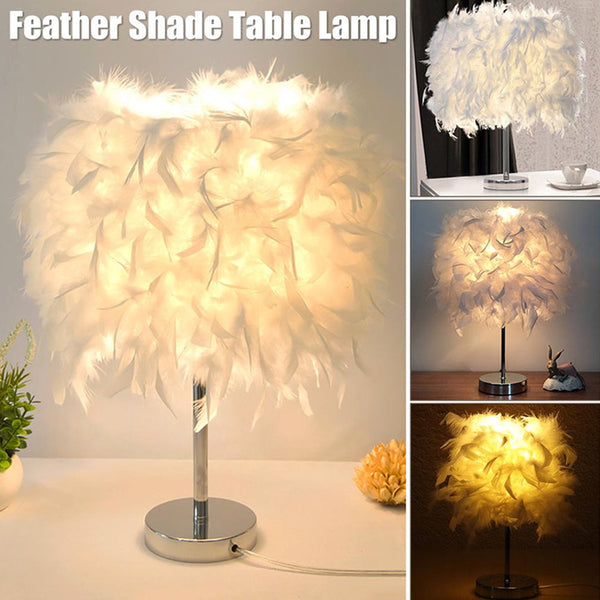 220V Feather Shade Table Lamp Metal Bedside Desk Vintage Night Light