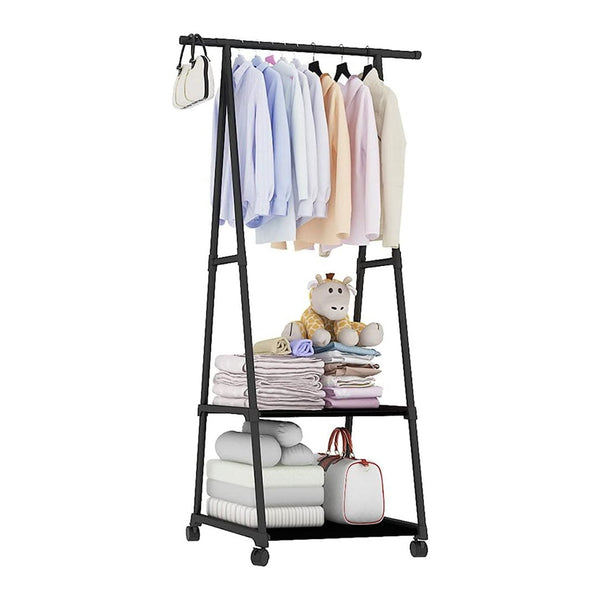 Triangle Clothes Stand with Two Storage Shelves and Wheels For Easy Movement