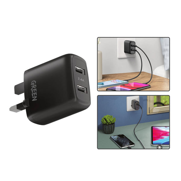 Green Lion Dual USB Port Wall Charger 12w Uk 