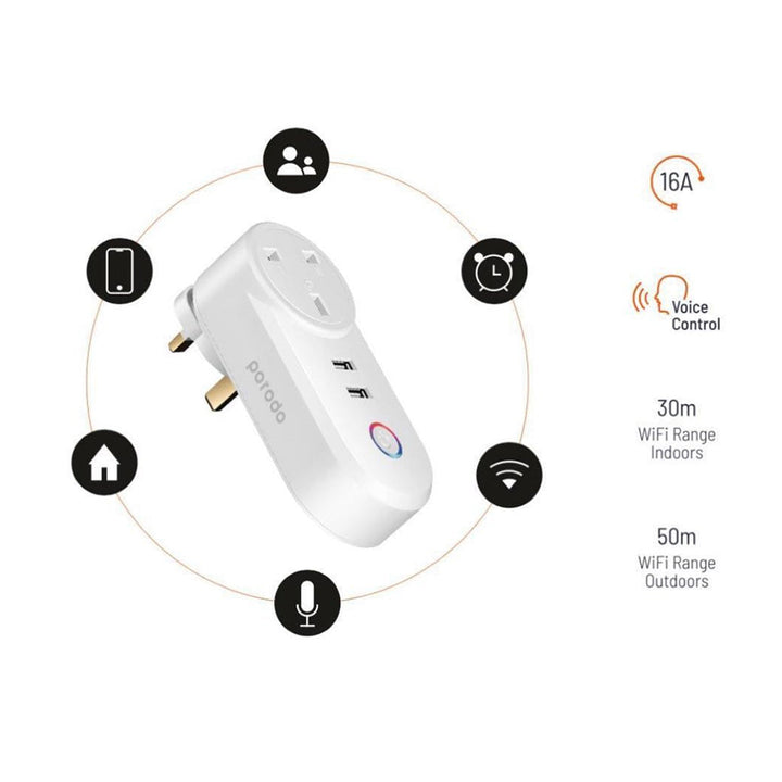 Porodo PD-WFPU2-WH Smart WiFi Plug Dual USB Charging Ports  