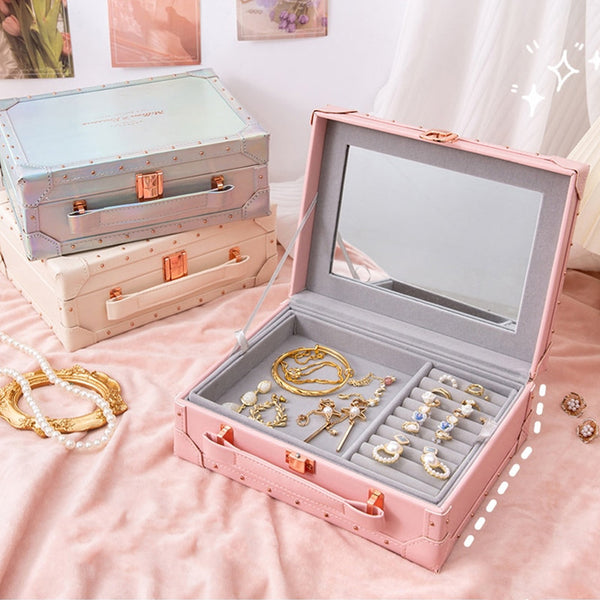 Jewelry Storage Box Double-Layer Hair Accessories Jewelry Organizer with Mirror