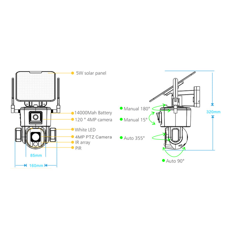 CCTV Camera Solar Camera Security PTZ Dual Camera Auto Tracking Human Detection Solar Panel 4G Camera 