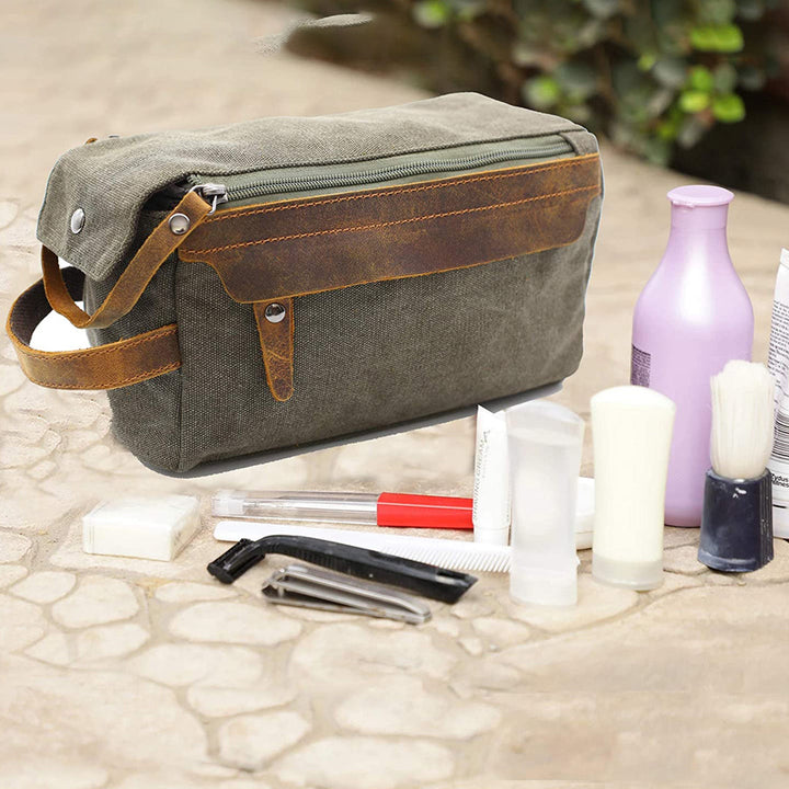 Unisex High-Quality Leather Canvas Toiletry Organizer Bag