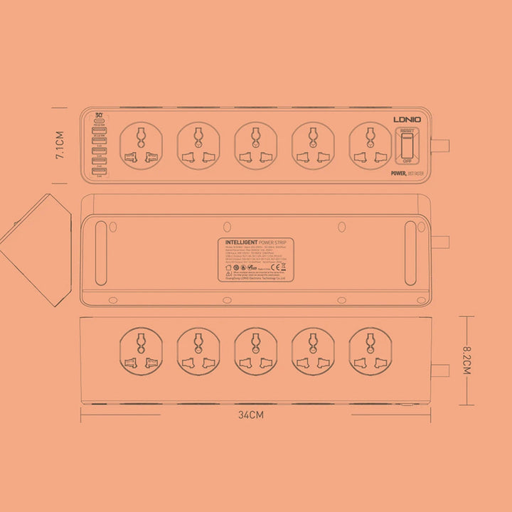 LDNIO SC10610 Slope Design Power Strip With 10 Outlets+5USB Ports+1PD Port