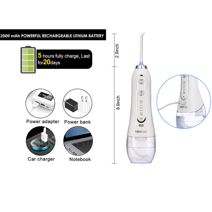 H2ofloss HF-6 - 300ml Cordless Dental Flosser Teeth Cleaner 5 Speed & 5 Jet Tips + 6 Additional Tips + Bag