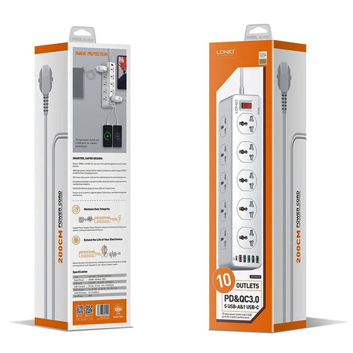 LDNIO SC10610 Slope Design Power Strip With 10 Outlets+5USB Ports+1PD Port