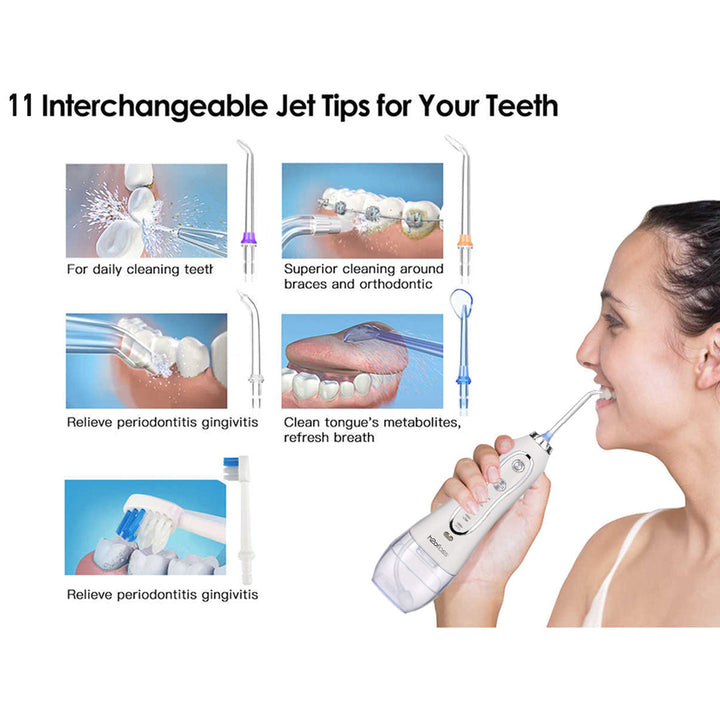 H2ofloss HF-6 - 300ml Cordless Dental Flosser Teeth Cleaner 5 Speed & 5 Jet Tips + 6 Additional Tips + Bag