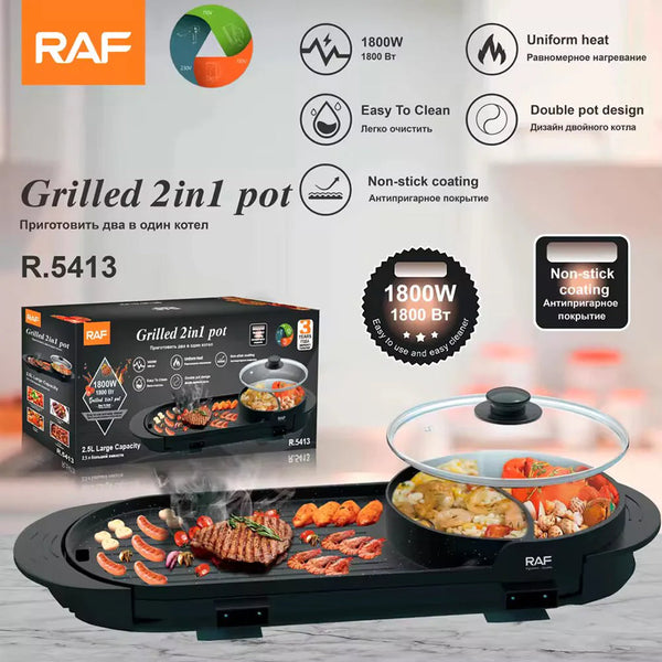 RAF R.5413  Electric Grill 2 in 1 Pot 1800W Non-Stick Cooking Surface With Temperature Control