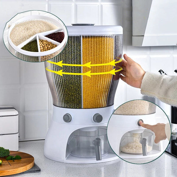 Rotating Rice Dispenser Container with Measuring Cup Press to Dispense