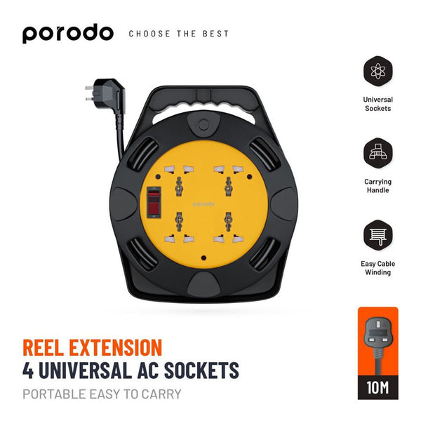 Porodo 4AC Extension Cable Reel with UK Plug (10m Wire)