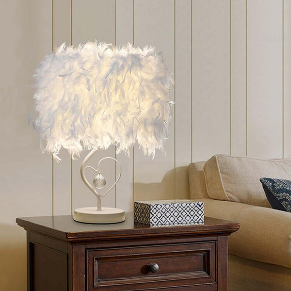 White Feather Shade Table Lamp Lampshade Heart Shaped Bedside Desk Night Light