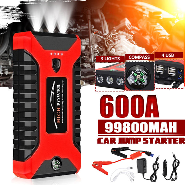 Car Jump Starter Pack 99800mAh 600A Portable 4 USB Power Bank Car Battery Booster