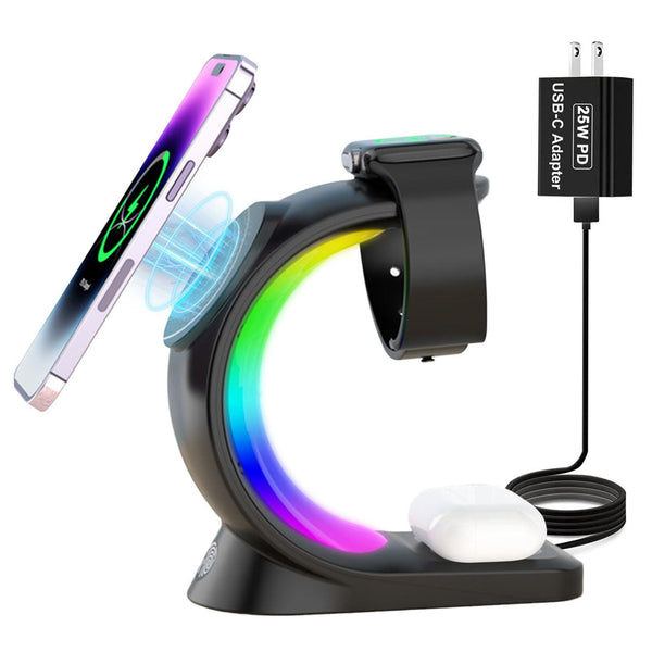 3 in 1 Magnetic Wireless Charger for Phone, Watch, AirPods 15W with RGB Color Light