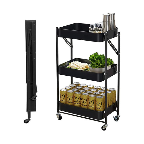 Foldable 3-Tier Metal Utility Rolling Cart Heavy Duty Metal Storage Organizer Mobile Rolling Cart