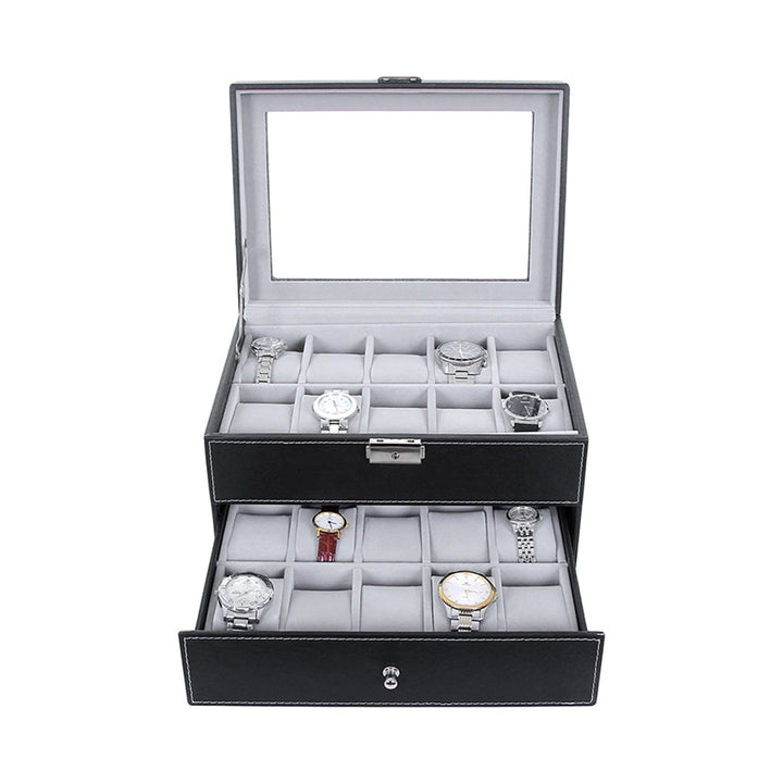 Elegant 20 Slots Watch Organizer Box Glass Top Lockable