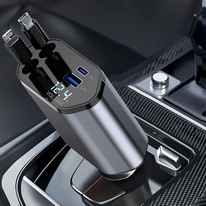 120W 4-in-1 Retractable Car Charger with 2 Charging Cables