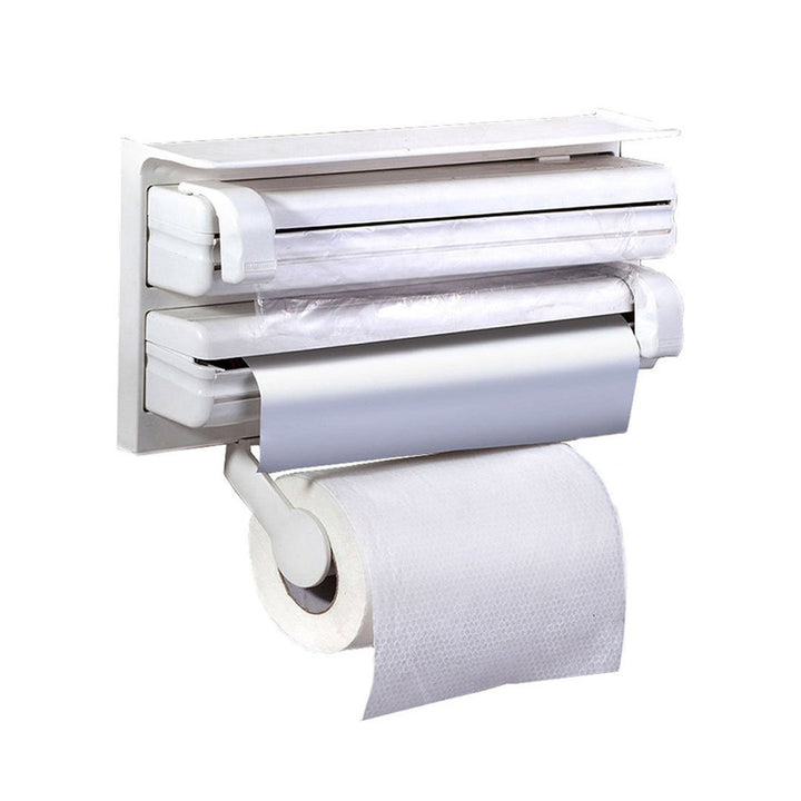 Triple Paper Dispenser | 4 in 1 Foil Cling Film Tissue Paper Roll Holder for Kitchen with Spice Rack