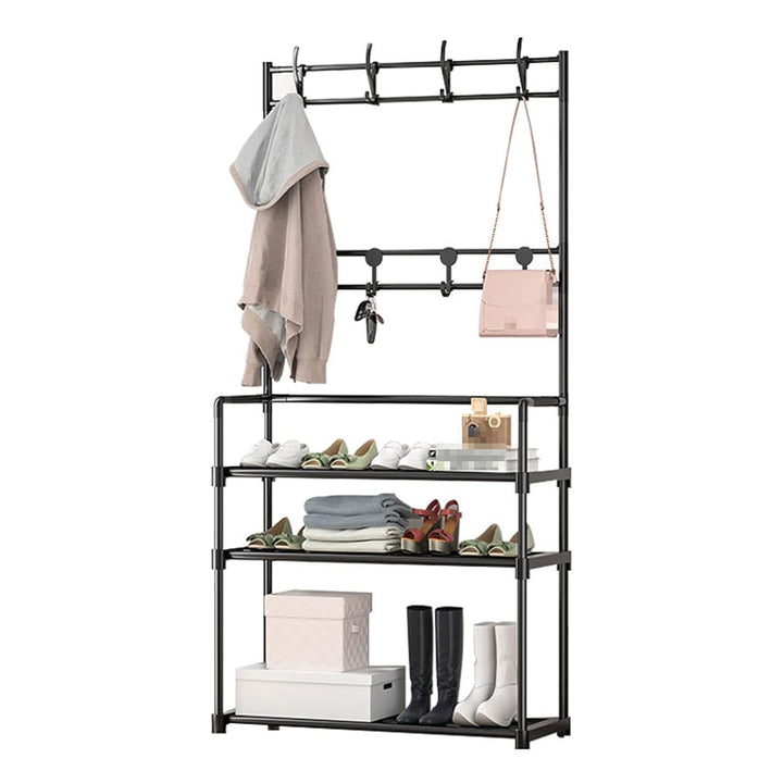 Multifunctional 3-Shelf Shoe Organizer Rack with 8 Hooks for Hanging Clothes & Hats