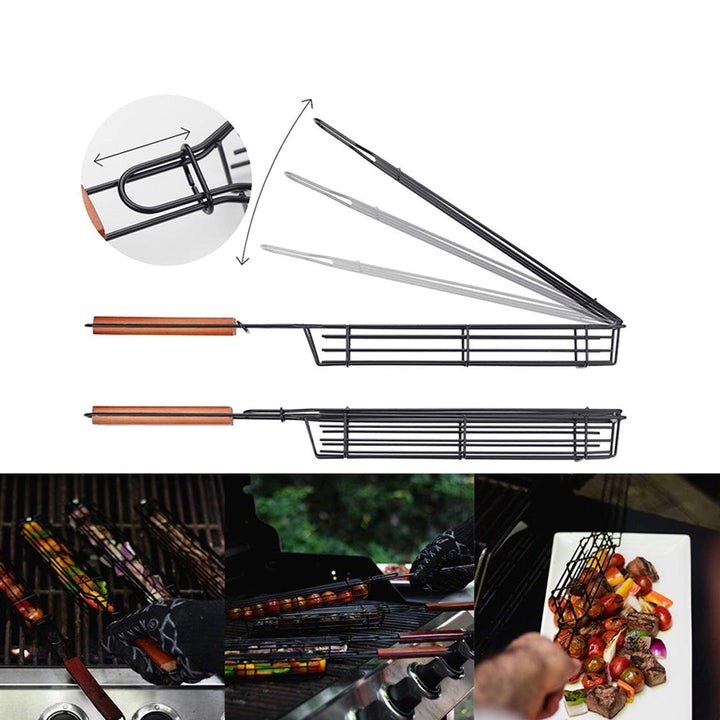 Portable Stainless Barbecue Grill Basket with Wooden Handle