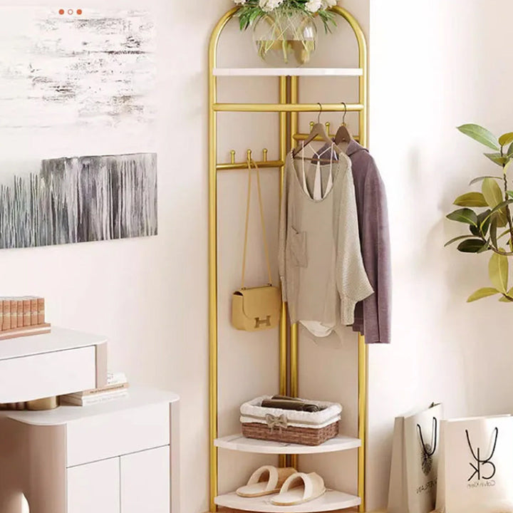 Metal Clothes Stand with 3 Wooden Shelves for Storage and 6 Hooks