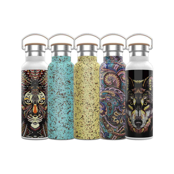 Green Pattern Stainless Steel Water Bottle With Double Vacuum Wall 600ml