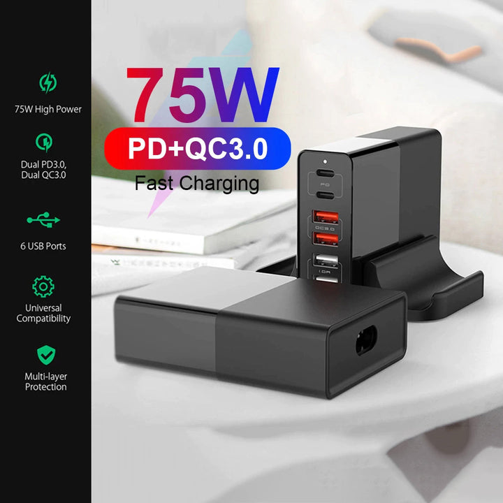 Devia Extreme 75W PD 6-Port Desktop Adapter, 65W Power Delivery Type C & 4 USB A Ports Quick Charger