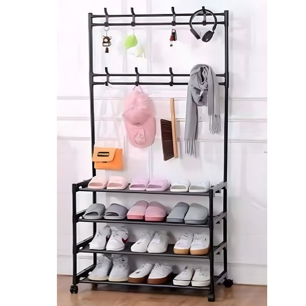 Clothes Organizer Stand with 4 Shoe Racks, 8 Hanging Hooks and Wheels for Easy Movement
