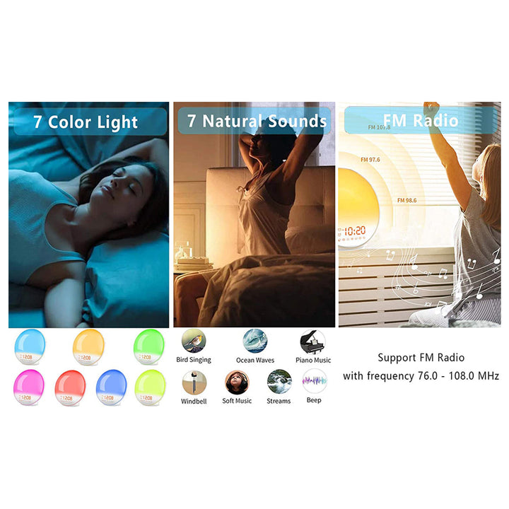 Wake Up Light Sunrise Alarm Clock with 7 Colors LED Night Light Adjustable With FM Radio and Snooze Functions