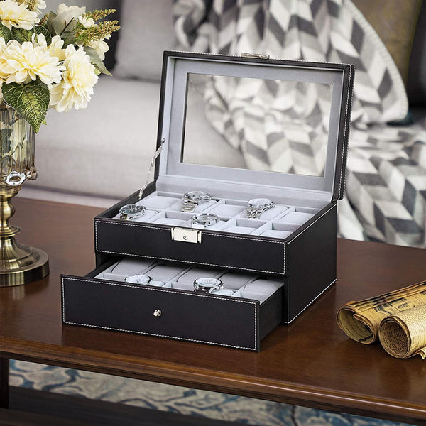 Elegant 20 Slots Watch Organizer Box Glass Top Lockable   