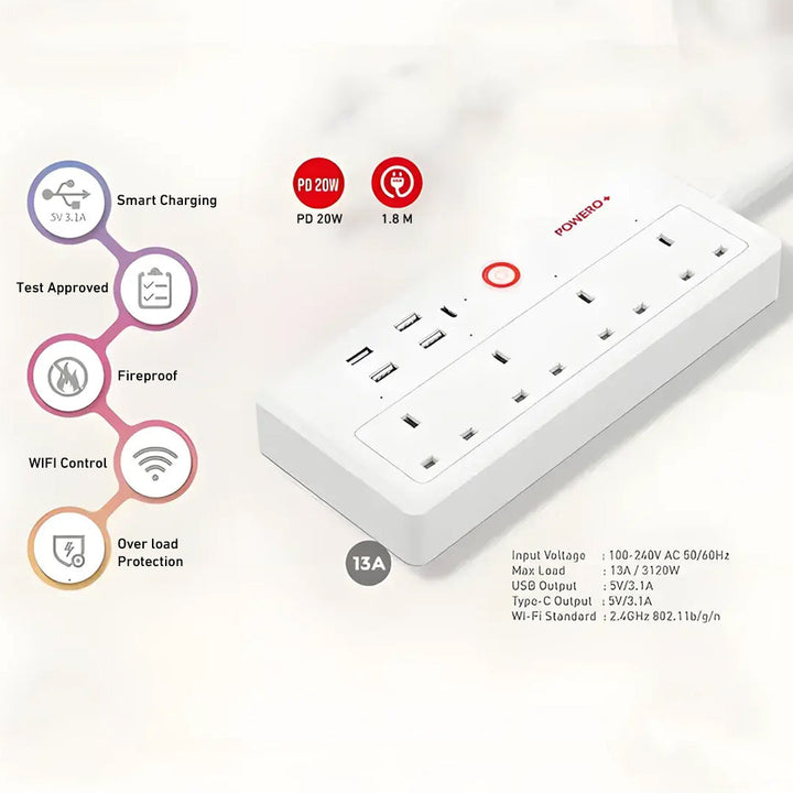 POWERO+ Smart Power Strip with with 4 power sockets, 4 USB ports and 20W PD port