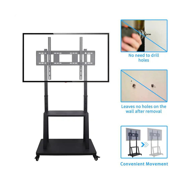 Rotatable and Adjustable Portable TV Monitor Stand with Movable Wheels for Mounting and Two Shelves