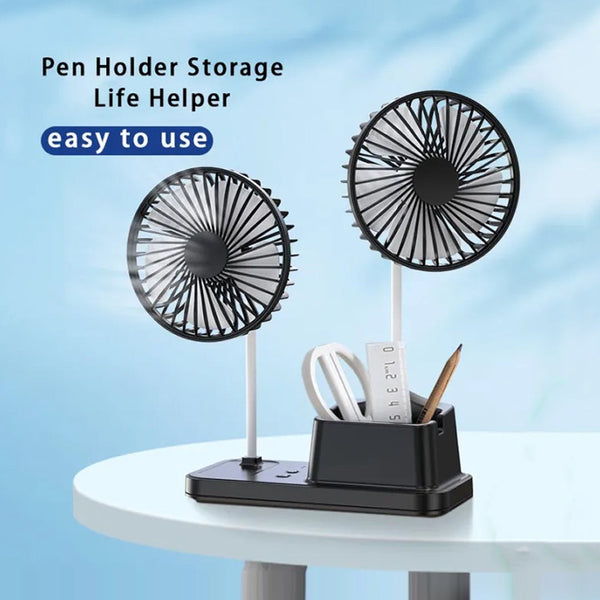 Double-Head Fan with Pen Holder 10W Rechargeable 3-Speed Noiseless