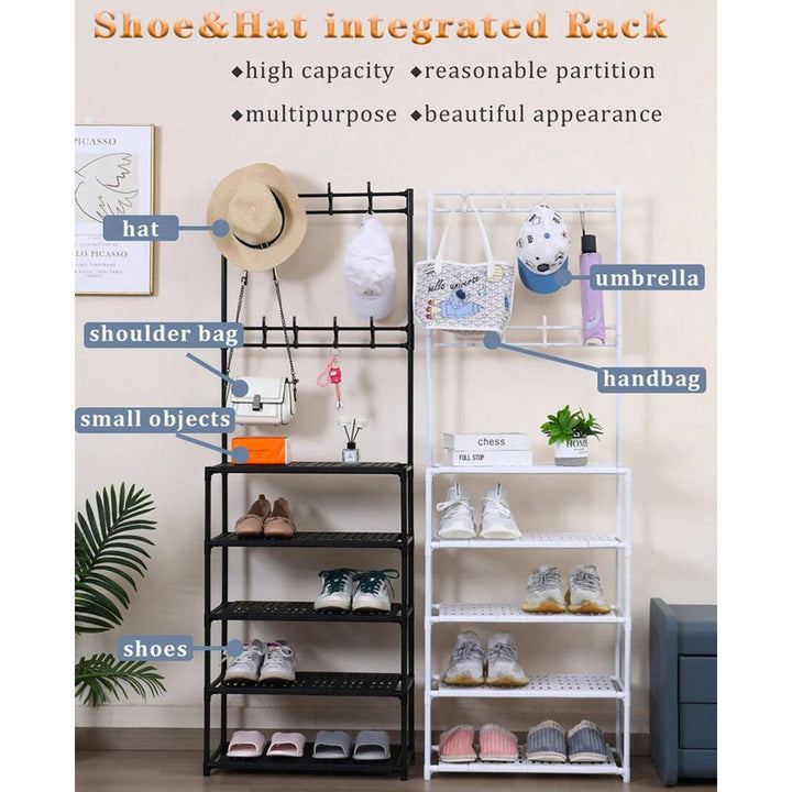 Multifunctional Shoe Organizer Rack with 5 Shelves and 8 Hooks Waterproof