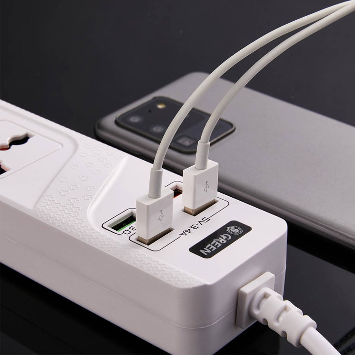 Green 4 AC 4 USB 3.4A QC3.0 Multiport Smart Power Socket 3000W 3M