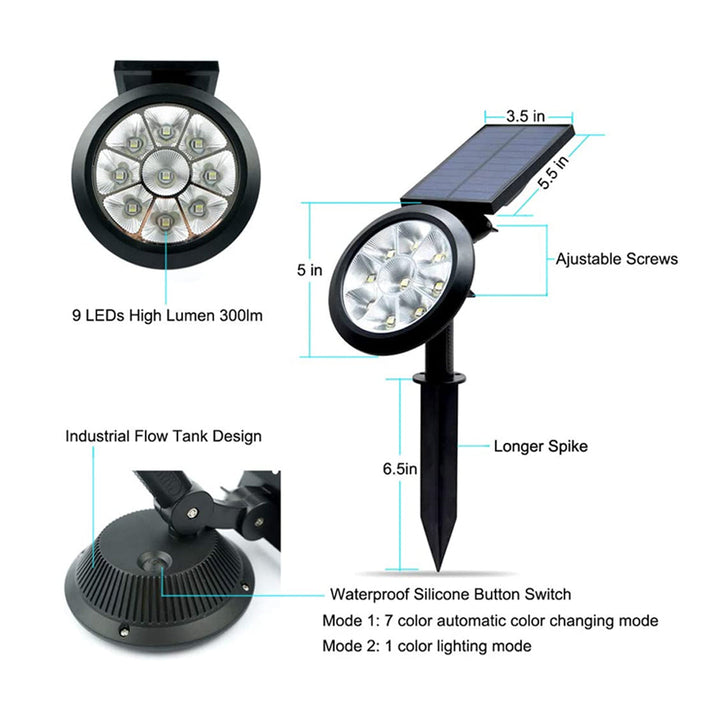 Solar Lights Outdoor 9 LEDs Multi-Color Spot Light with Auto On/Off, Waterproof Spotlight Solar Garden Lights