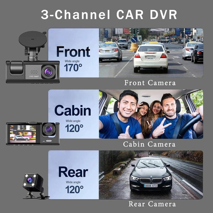 3-in-1 3-Channel (Front, Interior, and Rear) Car Camera HD 1080P Dash Cam