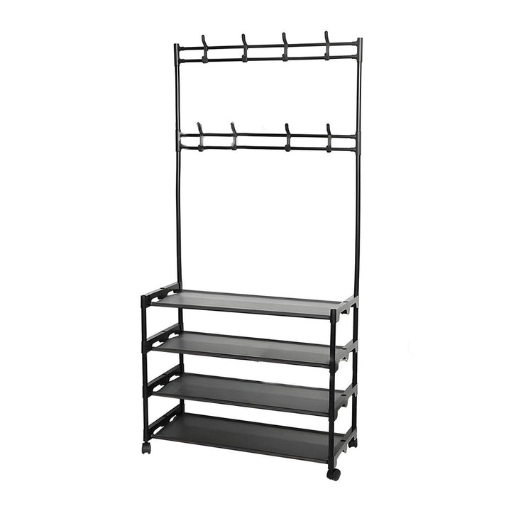 Clothes Organizer Stand with 4 Shoe Racks, 8 Hanging Hooks and Wheels for Easy Movement