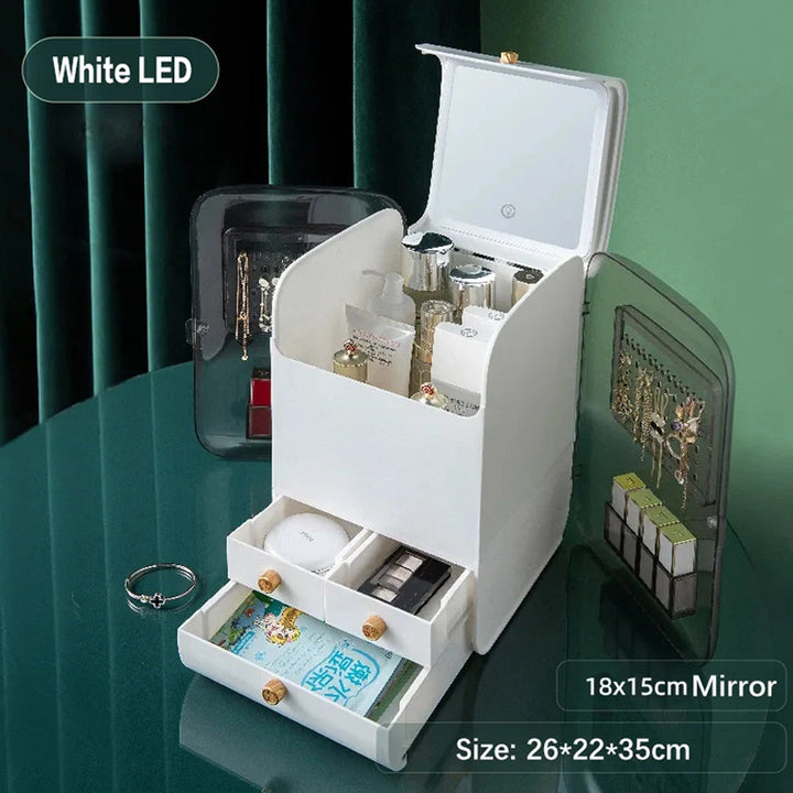 Anti-Dust Cosmetic Storage Box Skin Care Product Rack With LED Light Mirror 