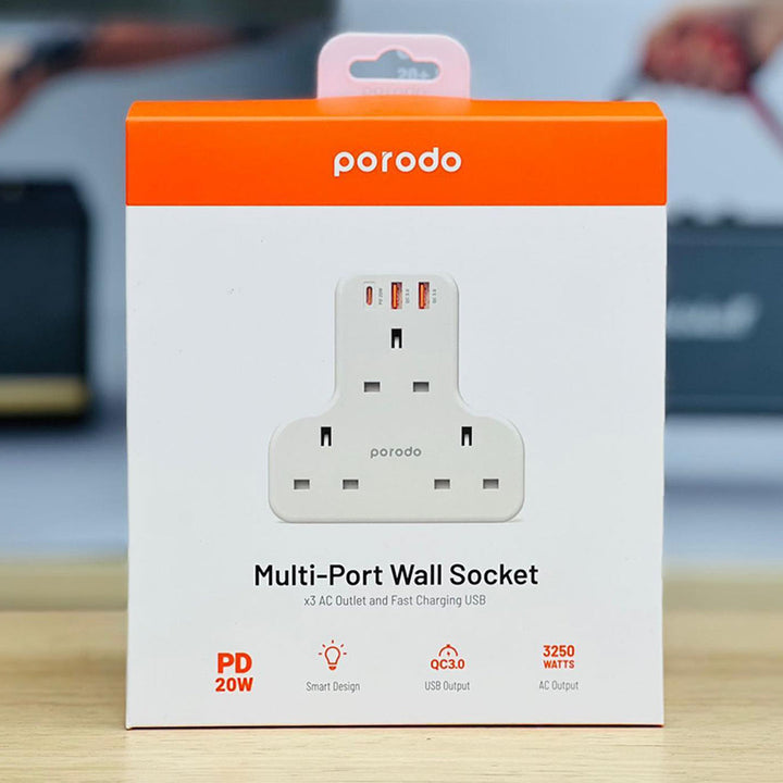 Porodo PD-FWCH006-WH Multiport Wall Socket 3250W with 3 AC 2 USB-A QC3.0 And One USB-C PD 20W 