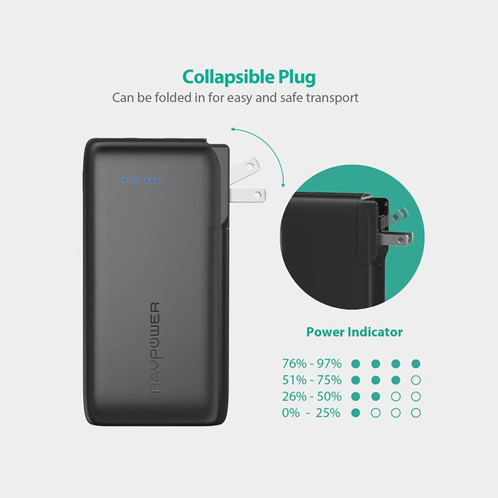 RAVPower RP-PB066 AC 10000mAh Power Bank with EU&UK Adapter (Built-in US Plug) 