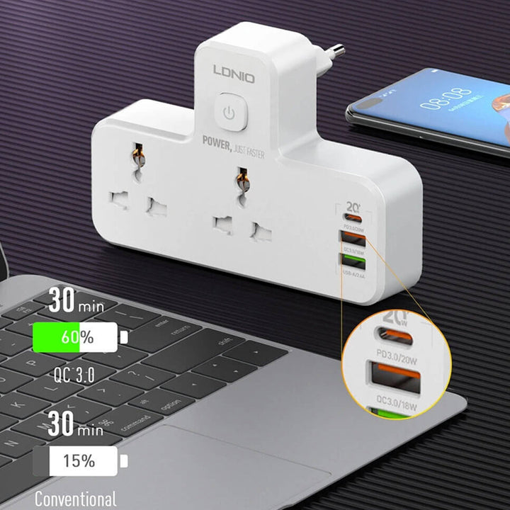 LDNIO 6 IN 1 POWER SOCKET(NIGHT LAMP,PD+QC 3.0 + 2.4 AMP FAST CHARGER)