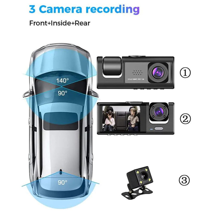 3-in-1 3-Channel (Front, Interior, and Rear) Car Camera HD 1080P Dash Cam