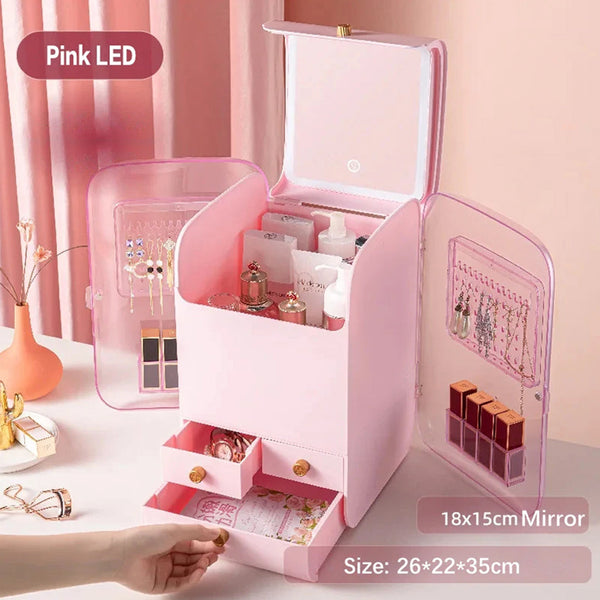 Anti-Dust Cosmetic Storage Box Skin Care Product Rack With LED Light Mirror 