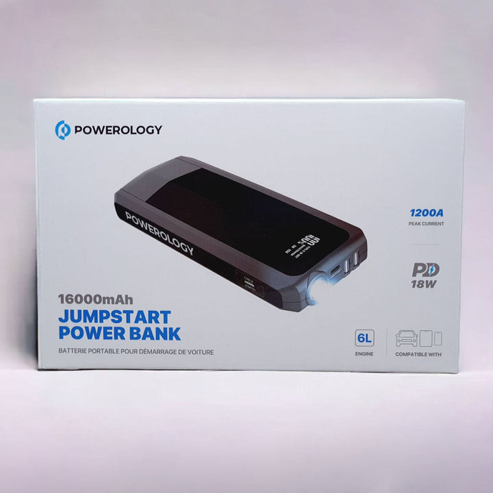 Powerology Jump Starter and Power Bank with USB Ports with Digital Display and Lamp with a Capacity of 16,000mAh
